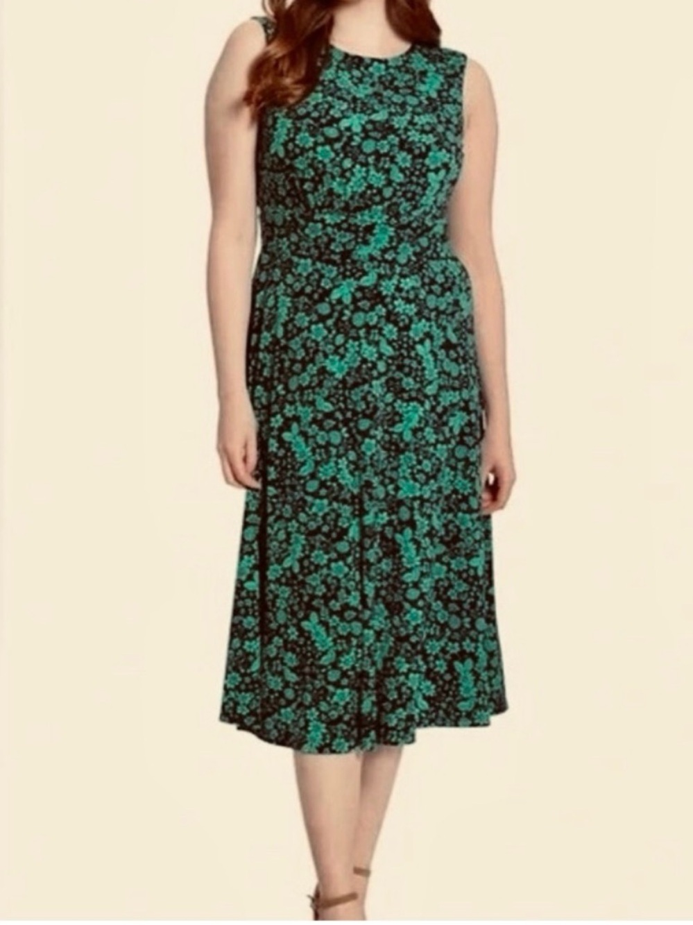 London Times Dress Green Blue floral Midi sleeveless Crew Neck office event 16W
